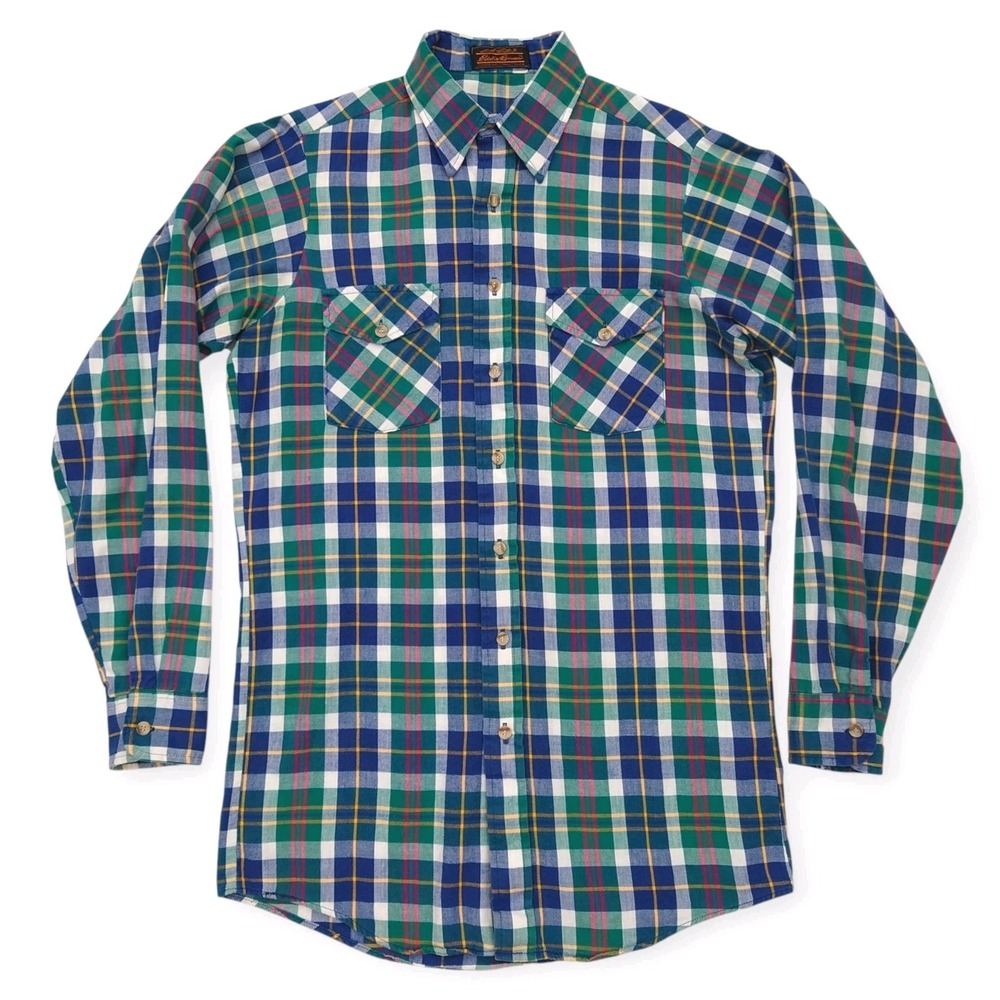 Eddie Bauer Vintage Flannel Shirt Mens L Tall Colorful Plaid Long Sleeve Cotton